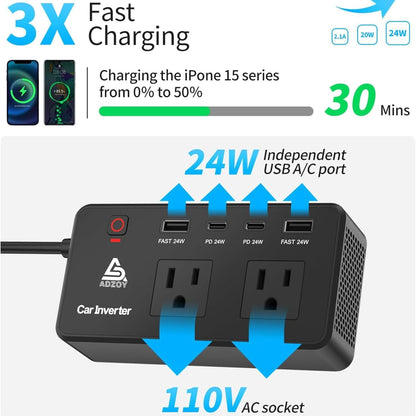 ADZOY 200W Car Power Inverter |DC 12V to 110V| AC Converter| PD 24W USB-C, QC3.0 Fast Charging, Dual USB Ports & AC Outlet – Portable Vehicle Charger |Adapter for Laptop/Phone/Tablet |Camping & Travel