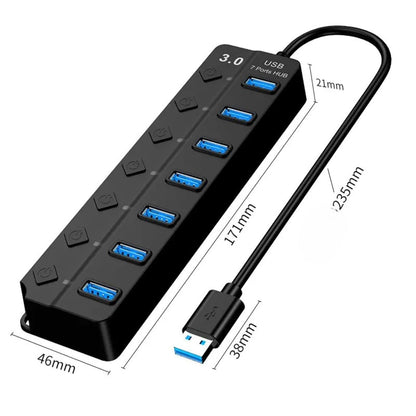 ADZOY 7-Port USB 3.0 Hub Individual On/Off Switches with USB to Type C Connector | High-Speed Data Transfer | Fast Sync & Device Control | Charge & Transfer Simultaneously | Universal Compatibility