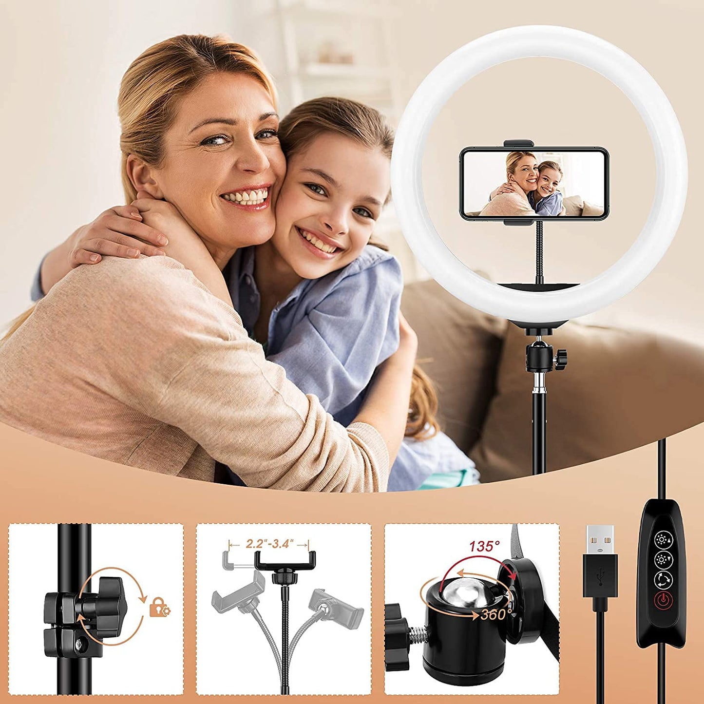 ADZOY Combo of 210 CM (6.9 Feet) Metal Tripod With10 inch LED Ring Light with Super Clamp and Collar Mic for Cell Phone, Baking, Craft, Calligraphy, Drawing, Online Lesson, Video Recording