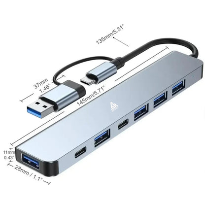 ADZOY 7-Port USB 3.0 Hub with 1 PD Type C 5W with USB to Type C Connector | High-Speed Data Transfer | Fast Sync & Device Control | Charge & Transfer Simultaneously | Universal Compatibility