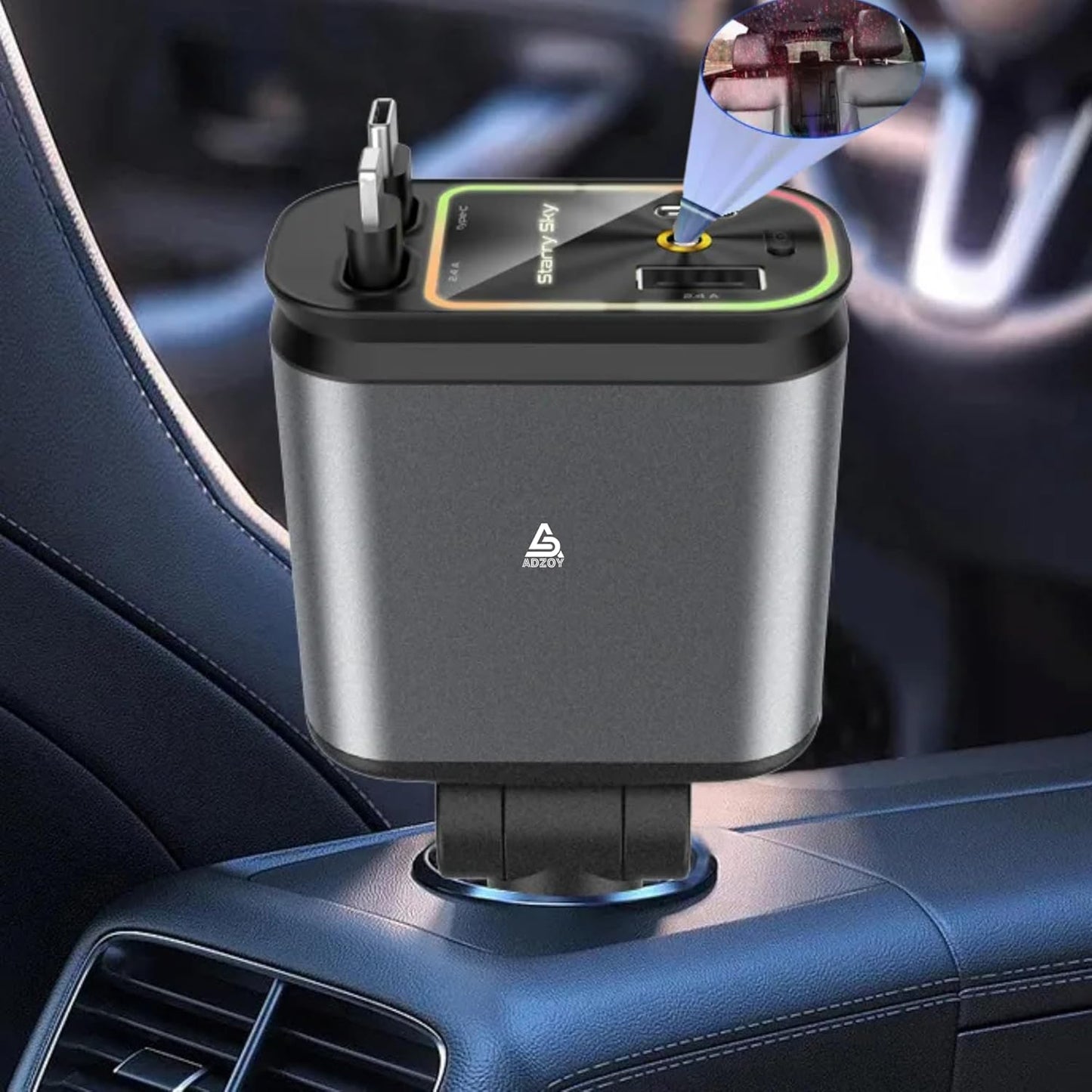 ADZOY [2-Pack] Retractable Type C +iOS Car Mobile Charger with Roof Starry Projection | Car Accessories | 4 in 1 | Fast Charging & Ambient LED Light – Universal for All Phones | Starlight Sky Light
