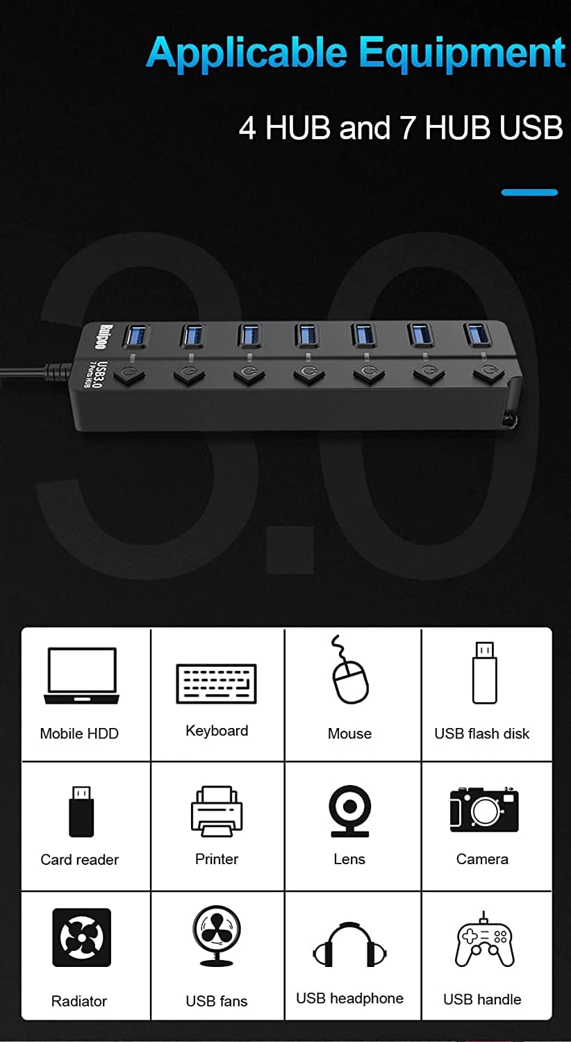 ADZOY Powered USB Hub 3.0, 7-Port USB Data Hub Splitter with One Smart Charging Port and Individual On/Off Switches and 5V/1A Power Adapter USB Extensionfor Laptop, PC, Computer, Mobile HDD