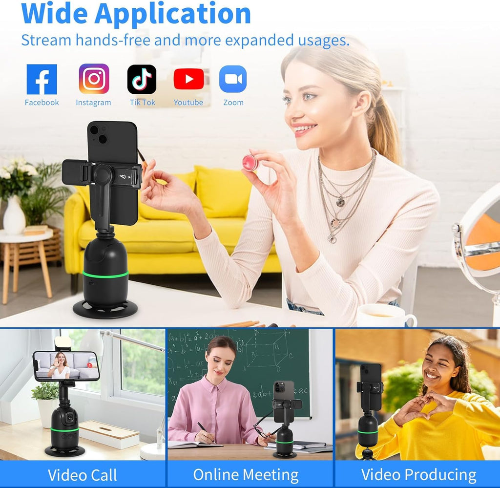 ADZOY Auto Face Tracking Tripod - 360° Rotating Smart Shooting Holder with Gesture Control | Detachable Stand Tripod for Vlogging, Streaming, Reels| Rechargeable (P03-Auto face Phone Camera Holder)
