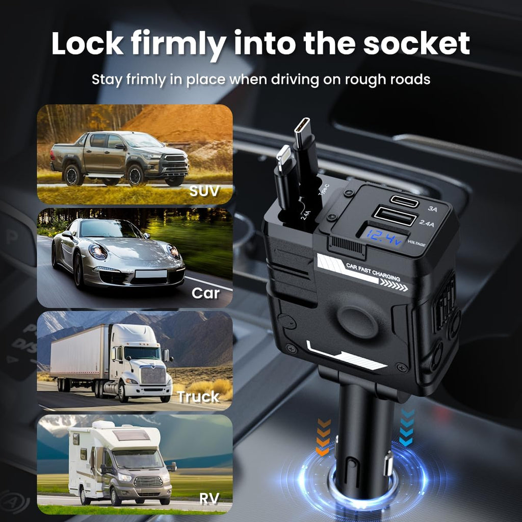 ADZOY Car Charger, 4 in 1 Mech-Style Fast Charging Car Phone Charger 65W, Cell Phone Charger for Car Compatible with iPhone 16/16 Pro Max/15/15 Pro Max/14/13/12/11,Galaxy, Pixel