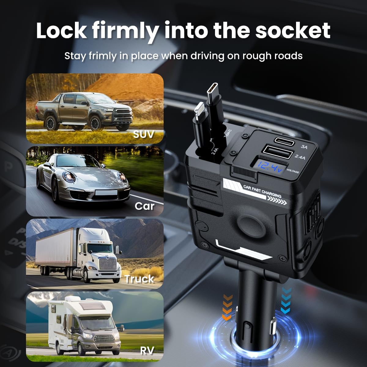 ADZOY Car Charger, 4 in 1 Mech-Style Fast Charging Car Phone Charger 65W, Cell Phone Charger for Car Compatible with iPhone 16/16 Pro Max/15/15 Pro Max/14/13/12/11,Galaxy, Pixel