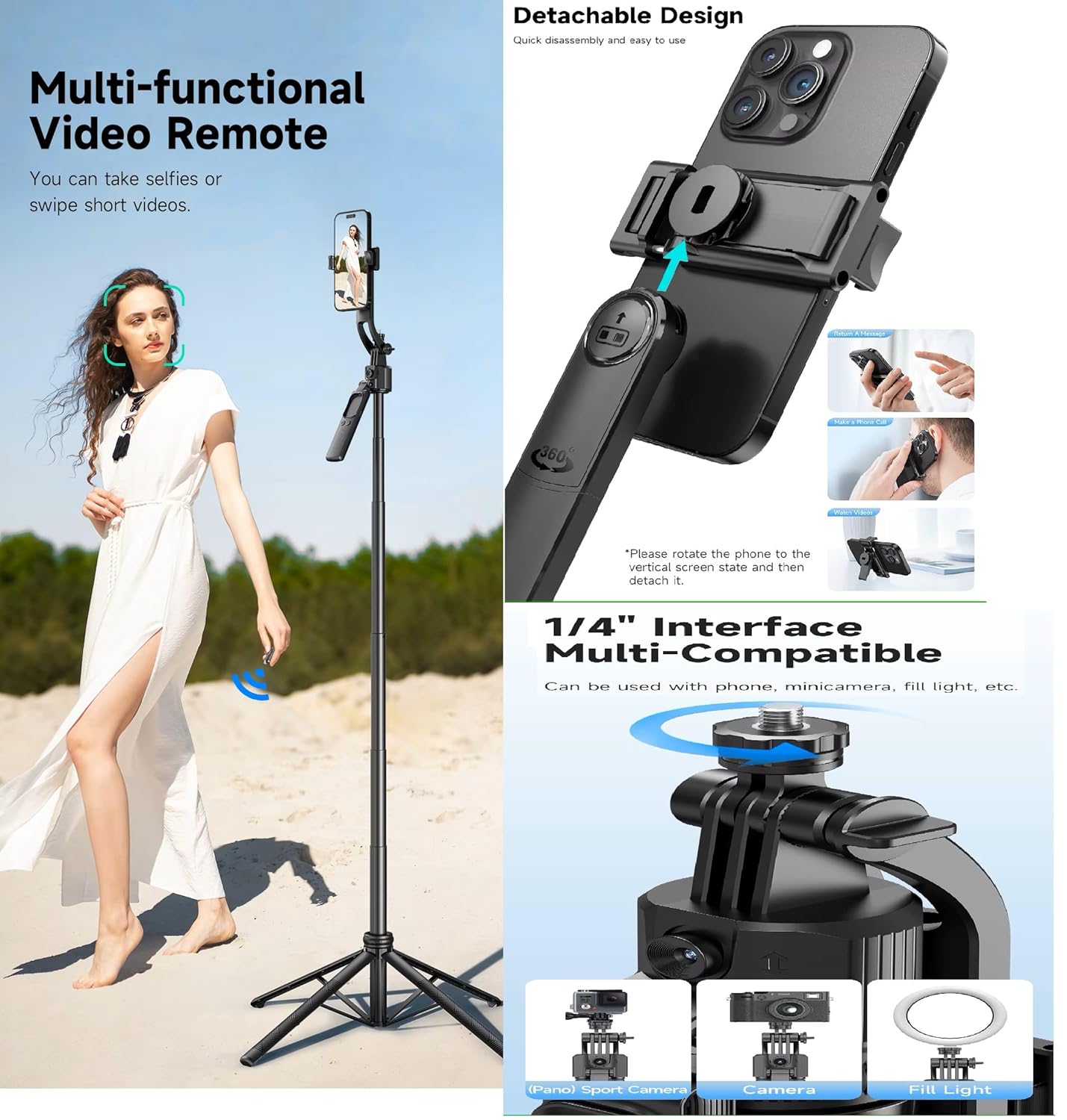 ADZOY Auto Face Tracking Tripod - 360° Rotating Smart Shooting Holder with Gesture Control | Detachable Stand Tripod for Vlogging, Streaming, Reels| Rechargeable (C17 Face Tracking Camera Selfie Stick)