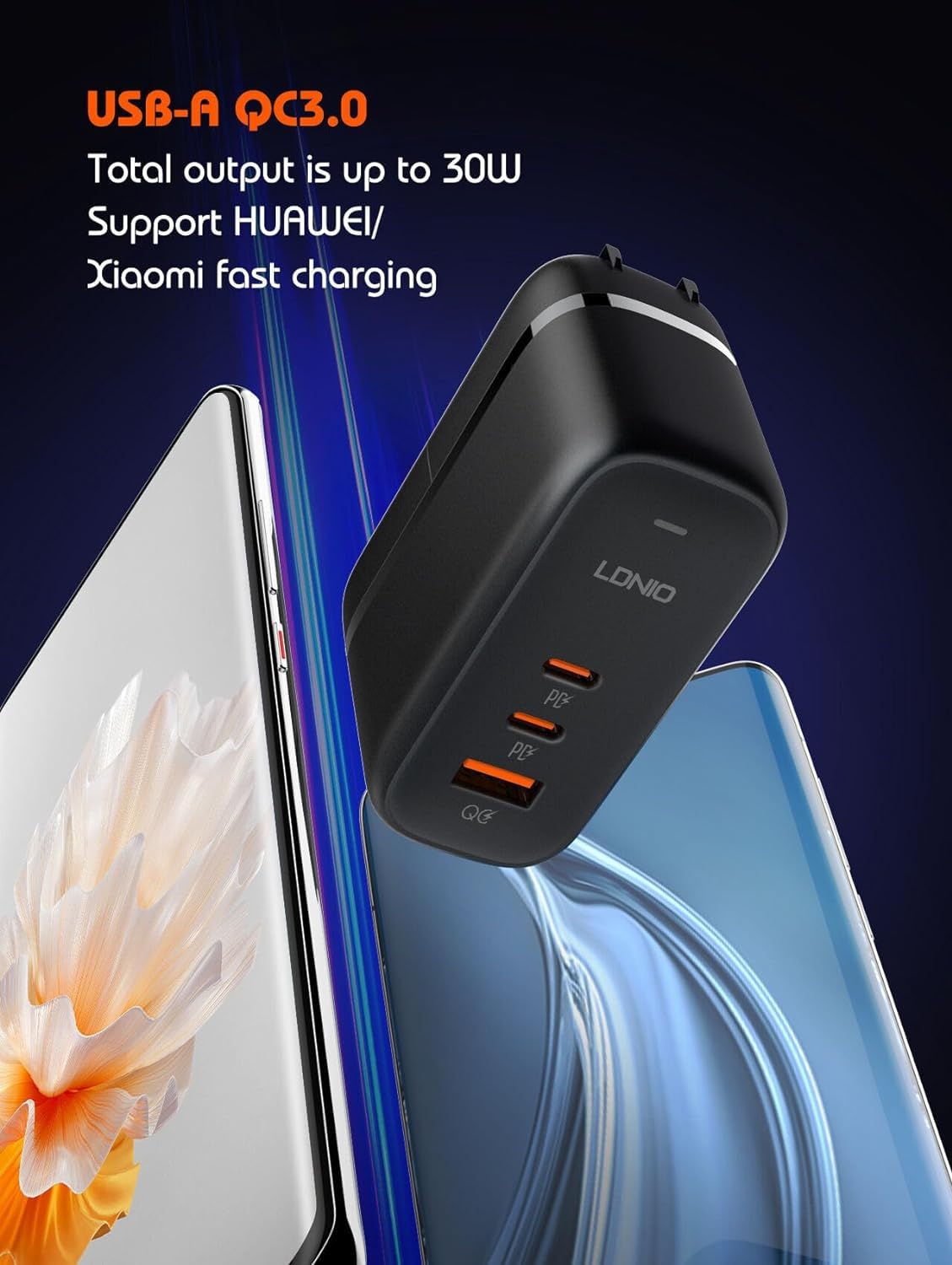 ADZOY LDNIO Q366 GaN 65W PD QC4.0+ Triple Port Fast Charger - USB-C Power Delivery Travel Adapter for iPhone & Android MacBook iPad Pro Air M1 M2, iPhone 13 14 15 16 Pro Max,Galaxy S25