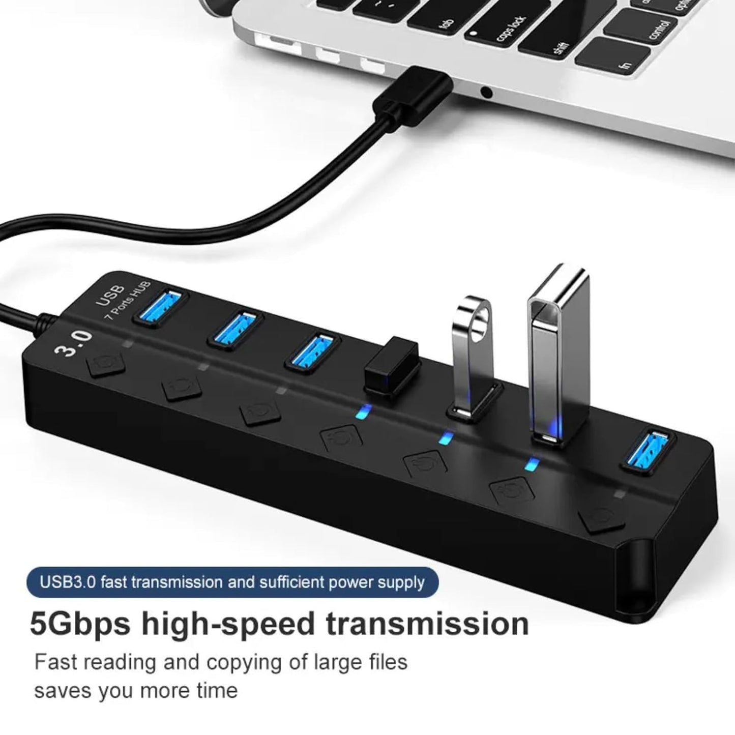 ADZOY 7-Port USB 3.0 Hub Individual On/Off Switches with USB to Type C Connector | High-Speed Data Transfer | Fast Sync & Device Control | Charge & Transfer Simultaneously | Universal Compatibility