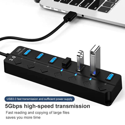 ADZOY 7-Port USB 3.0 Hub Individual On/Off Switches with USB to Type C Connector | High-Speed Data Transfer | Fast Sync & Device Control | Charge & Transfer Simultaneously | Universal Compatibility