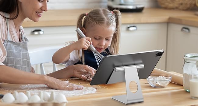 ADZOY Tablet Stand, Adjustable Tablet Holder, Aluminum Minimalist Desktop Tablet Dock Compatible with New iPad 10.9/10.2 iPad Pro 12.9/11, iPad Air 5/Mini 6, Samsung Tablet, etc. Silver