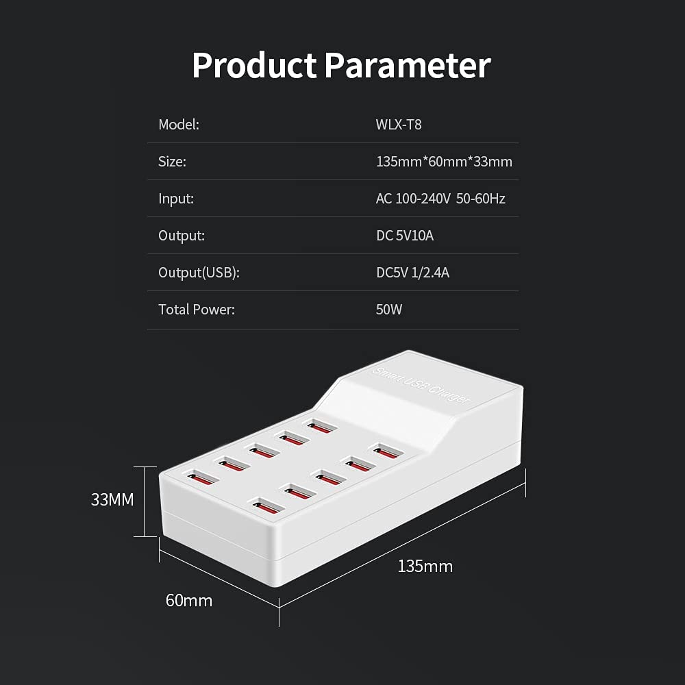 ADZOY 10 Port USB Charger 50w Quick Charging Intelligent Portable Charger for Mobile Phone/Tablet(White)