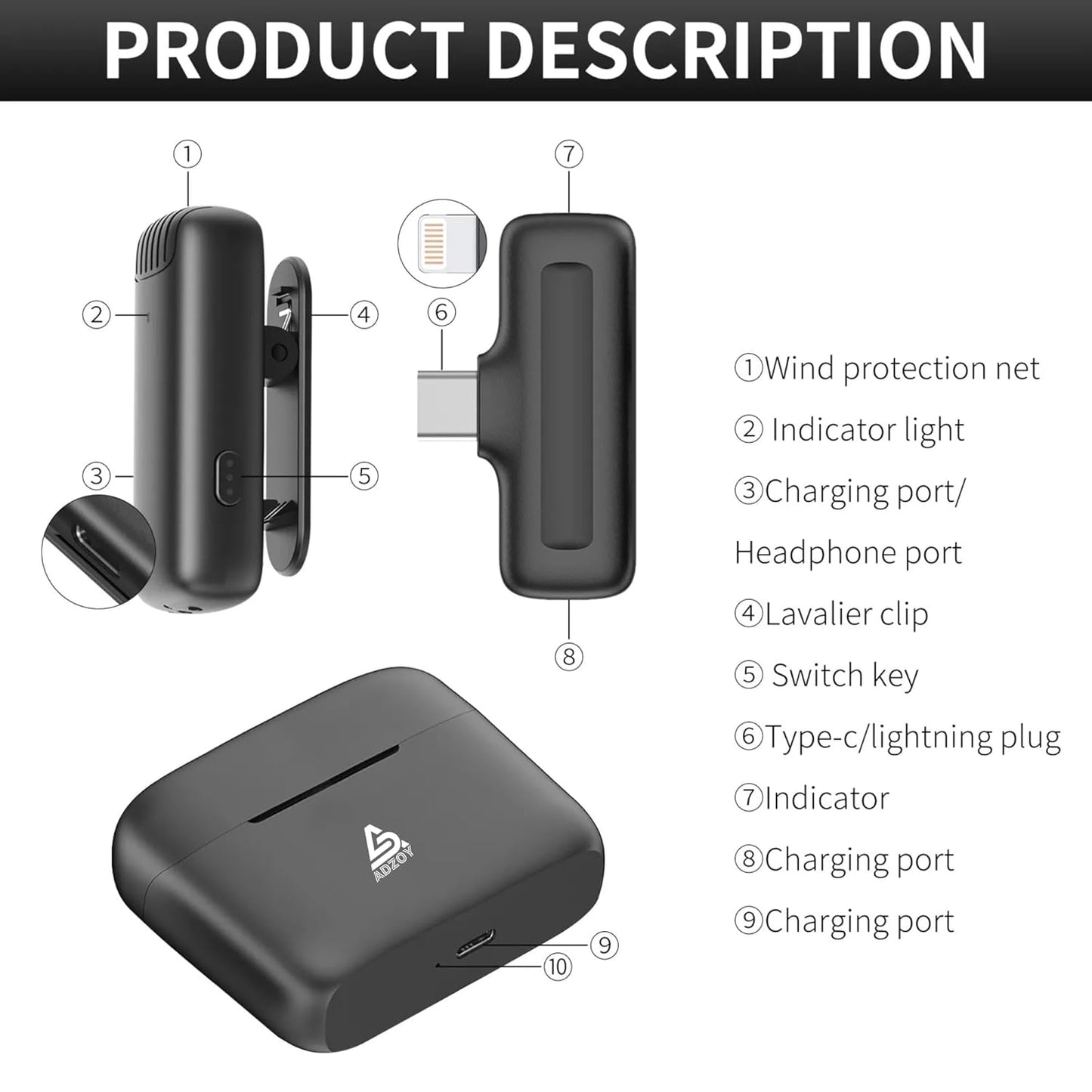 ADZOY ADL-J13 Wireless Microphone | Type-C | Rechargeable for Laptop, Mobile, DSLR & PC | Dual Mic with Receiver & Noise Cancellation | Plug & Play Clip-on Mic for YouTube, Interviews, Vlogging, Reels