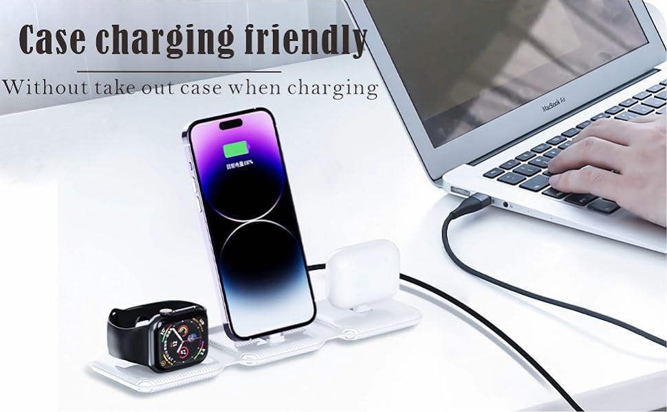 ADZOY Foldable 3 in 1 Charging Station for Multiple Apple Devices, iWatch Charger Dock Stand with 65W Power Adapter 3 Port for iPhone 14 Pro Max/13/12/11/X/8 Plus, AirPods