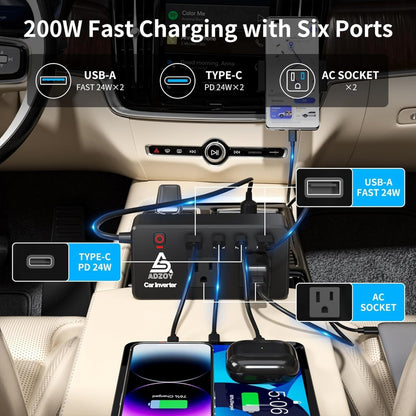 ADZOY 200W Car Power Inverter |DC 12V to 110V| AC Converter| PD 24W USB-C, QC3.0 Fast Charging, Dual USB Ports & AC Outlet – Portable Vehicle Charger |Adapter for Laptop/Phone/Tablet |Camping & Travel