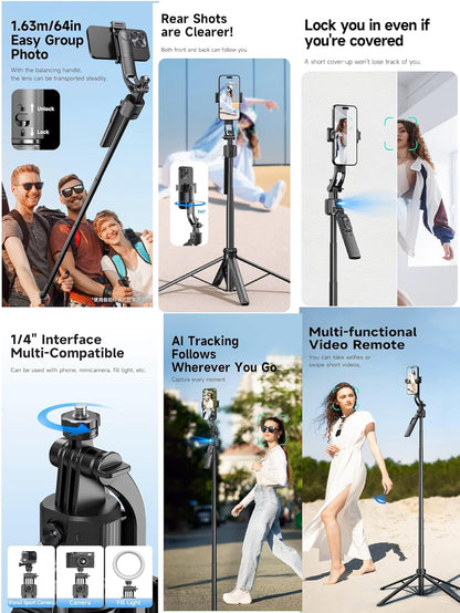 ADZOY Auto Face Tracking Tripod - 360° Rotating Smart Shooting Holder with Gesture Control | Detachable Stand Tripod for Vlogging, Streaming, Reels| Rechargeable (C17 Face Tracking Camera Selfie Stick)