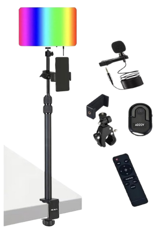 ADZOY PM-26 Photography RGB LED Lighting Panel Light & Remote Control with  MT49 Light Stand Tabletop C Clamp Desk Mount Table Stand, Super Clamp & Collar Mic &  BT-03 Bluetooth Control Button